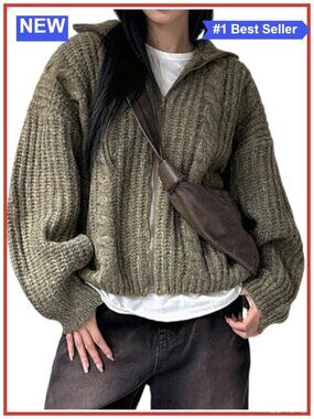 Oversized Chunky Cable Knit Cardigan Sweater with Collar and Zipper